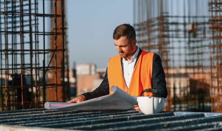 Man is working on the construction site at daytime. Reading the plan.